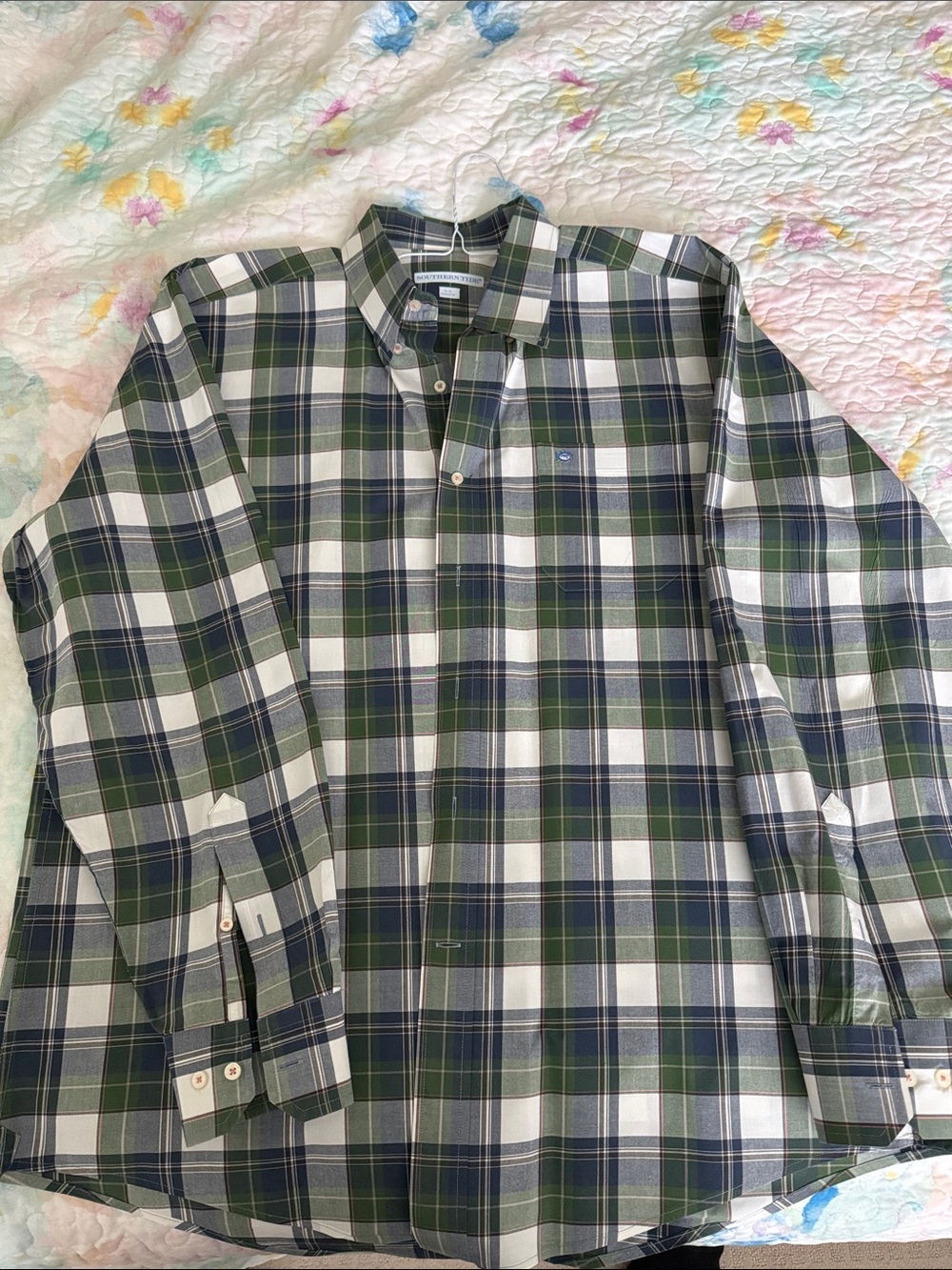 Southern Tide Men's Green Navy Plaid Dress Shirt